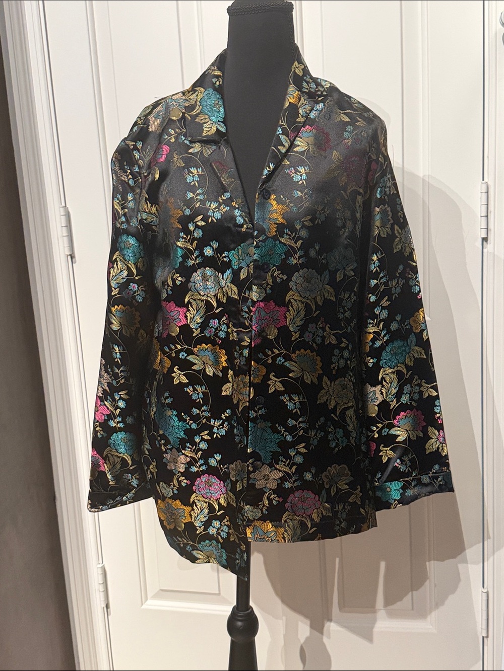 Chico's Black Satin Floral Blazer Shirt with Teal, Gold & Pink Accents
